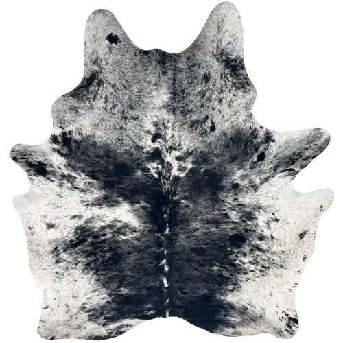 Black and White Speckled Brazilian Cowhide: black with white speckles and spots, and white with black speckles and spots on the belly and hind shanks- 7'2" x 5'8" (BRSP3430)
