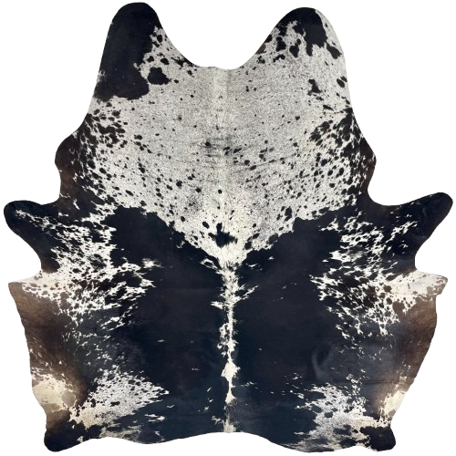 Large Black and White Speckled Brazilian Cowhide: white with black speckles, large and small, black spots, and brown and white on the belly - 7'11" x 6'5" (BRSP3431)