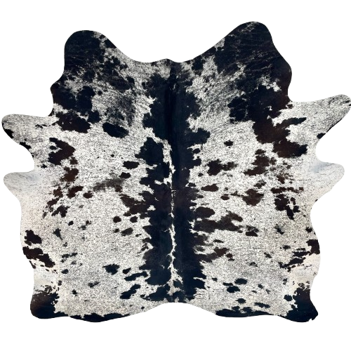 Black and White Speckled Brazilian Cowhide: white with black speckles and spots, and one brand mark on the right side of the butt - 6'11" x 6'2" (BRSP3433)
