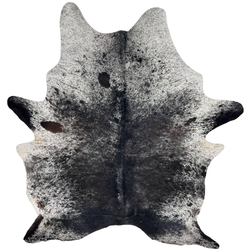 Large Black and White Speckled Brazilian Cowhide: black with white speckles down the back, and white with black speckles and spots on the belly, shoulder and shanks - 7'11" x 5'7" (BRSP3437)