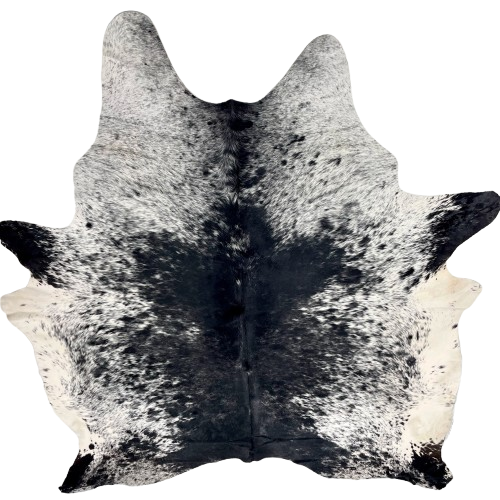 XL Black and White Speckled Brazilian Cowhide: white with black speckles and spots, and black with fine, white speckles down the middle of the back and butt - 8'4" x 6'7" (BRSP3438)