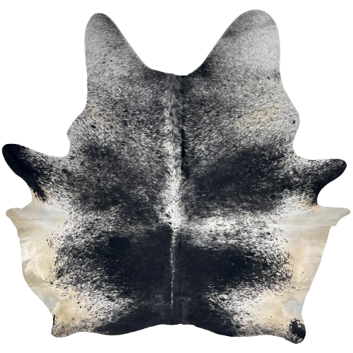 Large Black and White Speckled Brazilian Cowhide: black with white speckles and spots, and off-white on the belly - 7'5" x 6'5" (BRSP3439)