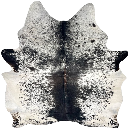 Black and White Speckled Brazilian Cowhide: white with black speckles and spots, and brown down part of the spine - 7' x 6'3" (BRSP3446)
