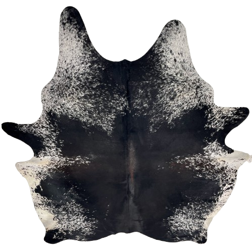 Large Black and White Speckled Brazilian Cowhide: mostly solid black down the middle, brown down part of the spine, and white with black speckles on the belly, shoulder, and shanks - 7'5"  x 6'4" (BRSP3447)