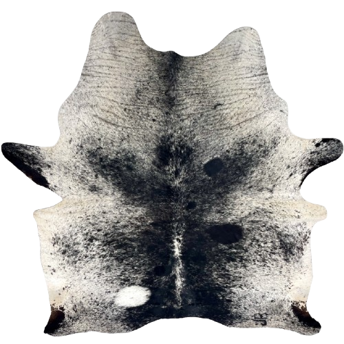Large Black and White Speckled Brazilian Cowhide: white with black speckles and spots, and one brand mark on the right side of the butt - 7'10" x 6'3" (BRSP3450)