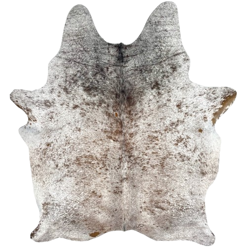 White and Brown Speckled Brazilian Cowhide: white with brown and blackish brown speckles, and one brand mark on the right side of the butt - 6'8" x 4'10" (BRSP3456)