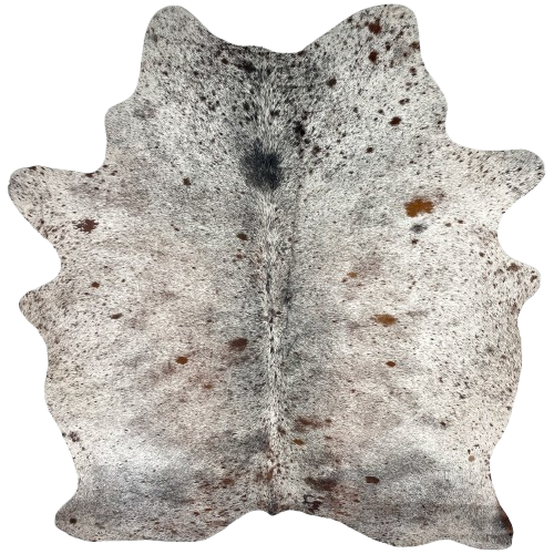 Tricolor Speckled Brazilian Cowhide: white with brown and black speckles and spots, and one brand mark on the right side of the butt - 6'2" x 5'2" (BRSP3463)