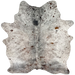 Tricolor Speckled Brazilian Cowhide: white with brown and black speckles and spots, and one brand mark on the right side of the butt - 6'2" x 5'2" (BRSP3463)