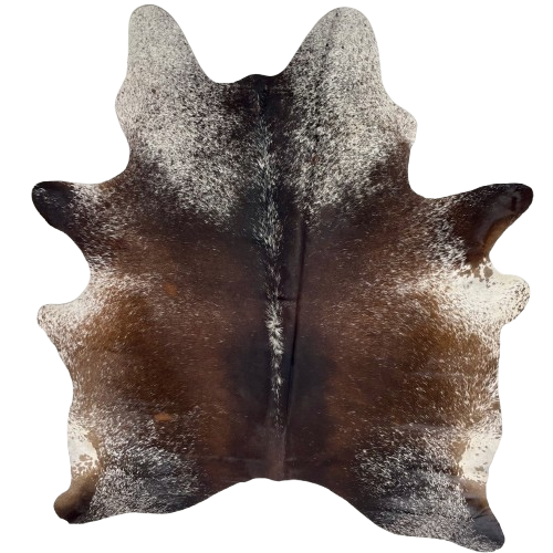 Dark Brown and White Speckled Brazilian Cowhide: dark brown with white speckles, and white with dark brown speckles on the belly, shanks, and shoulder - 6'6" x 5'3" (BRSP3466)