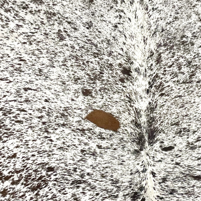 Closeup of this Tricolor Speckled Brazilian Cowhide, showing white with black and dark brown speckles and spots  (BRSP3467)