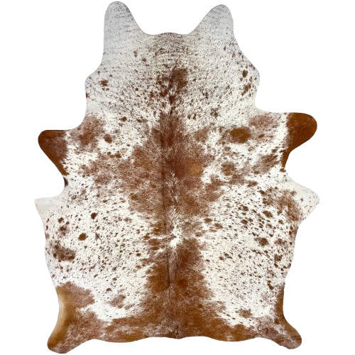 Brown and White Speckled Brazilian Cowhide: white with brown speckles and spots, and one brand mark on the right, hind shank - 6' x 4'7" (BRSP3468)