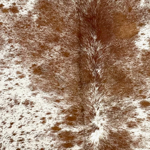 Closeup of this Speckled Brazilian Cowhide, showing white with brown speckles and spots (BRSP3468)