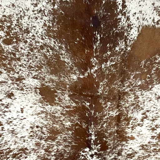 Closeup of this Speckled Brazilian Cowhide, showing white with chocolate speckles and spots (BRSP3475)