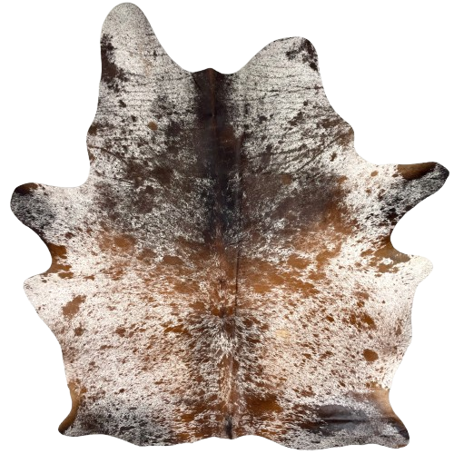 Two Tone Brown and White Speckled Brazilian Cowhide: white with reddish brown and dark brown speckles and spots, and three brand marks on the butt - 6'8" x 5'5" (BRSP3476)