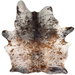 Two Tone Brown and White Speckled Brazilian Cowhide: white with reddish brown and dark brown speckles and spots, and three brand marks on the butt - 6'8" x 5'5" (BRSP3476)