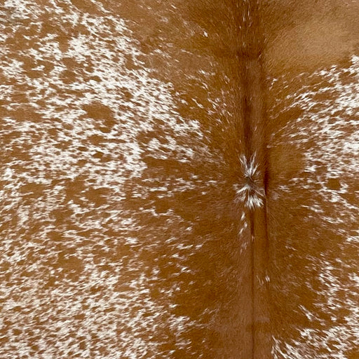 Closeup of this Speckled Brazilian Cowhide, showing white with caramel speckles and spots (BRSP3478)
