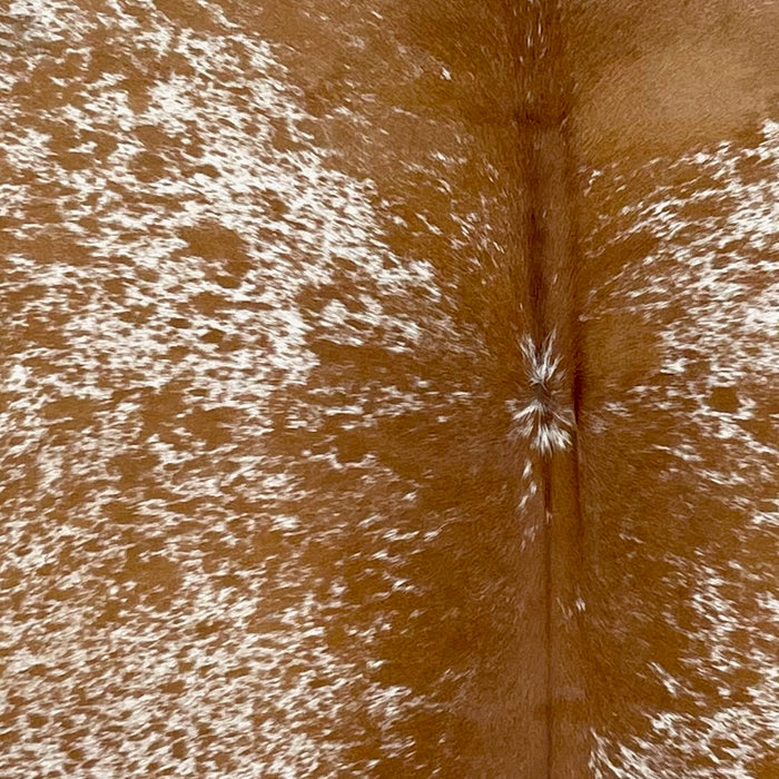 Closeup of this Speckled Brazilian Cowhide, showing white with caramel speckles and spots (BRSP3478)