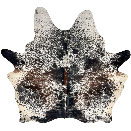 Tricolor Speckled Brazilian Cowhide:   white with brown and black speckles and spots, and off-white on the belly - 6'10" x 5'11" (BRSP3481)