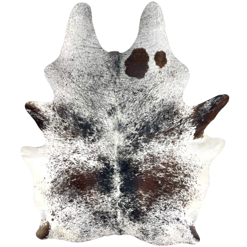 Large Tricolor Speckled Brazilian Cowhide: white with black and dark brown speckles and spots - 7'7" x 5'3" (BRSP3483)