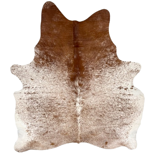 Reddish Brown and White Speckled Brazilian Cowhide: white with reddish brown speckles, and mostly solid reddish brown on the shoulder - 6'9" x 5'7" (BRSP3485)
