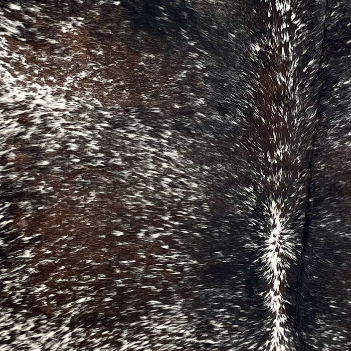 Closeup of this Dark Tricolor Speckled Brazilian Cowhide, showing white with black and dark brown speckles and spots  (BRSP3486)