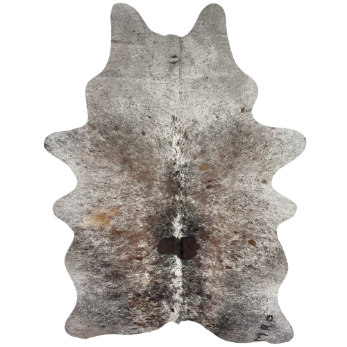 Tricolor Speckled Brazilian Cowhide: white with brown and black speckles and spots, and one brand mark on the right hind shank - 6'5" x 4'2" (BRSP3487)