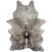 Tricolor Speckled Brazilian Cowhide: white with brown and black speckles and spots, and one brand mark on the right hind shank - 6'5" x 4'2" (BRSP3487)