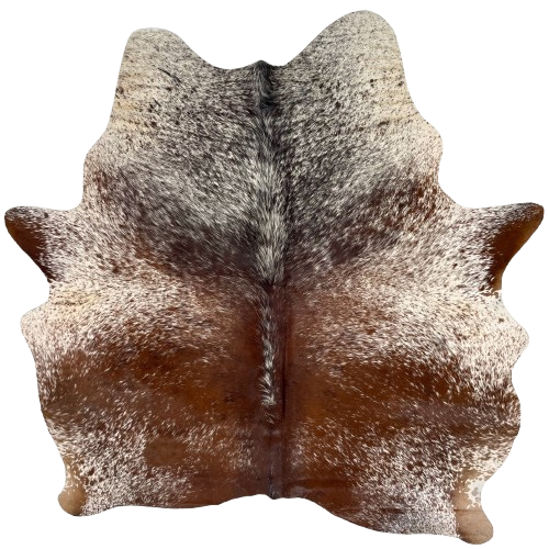 Brown and White Speckled Brazilian Cowhide: white with reddish brown speckles and spots, and blackish brown speckles on the shoulder - 6'1" x 5'5" (BRSP3494)