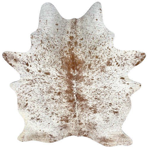 White and Brown Speckled Brazilian Cowhide: white with brown speckles and spots, and three brand marks on the butt - 6'5" x 4'11" (BRSP3500)