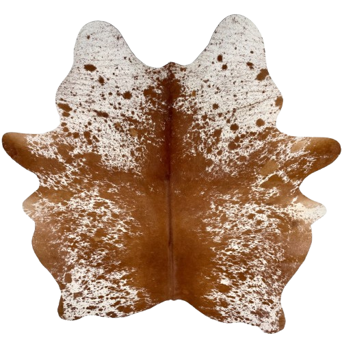 Reddish Brown and White Speckled Brazilian Cowhide: white with reddish brown speckles and spots, mostly solid reddish brown down the middle - 6'1" x 5'3" (BRSP3502)