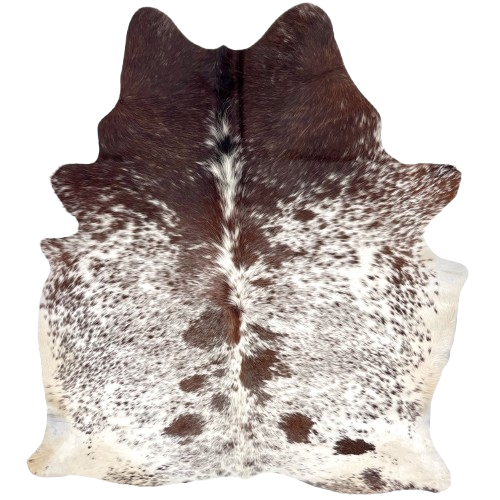White and Dark Brown Speckled Brazilian Cowhide: white with dark brown speckles and spots, and off-white on the belly and hind shanks - 6'7" x 5' (BRSP3505)