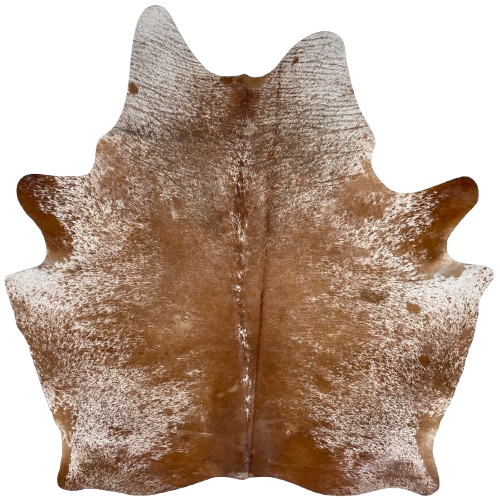 Brown and White Speckled Brazilian Cowhide: brown with white speckles and spots, and one brand mark on the left side of the butt  - 6'9" x 5'8" (BRSP3507)