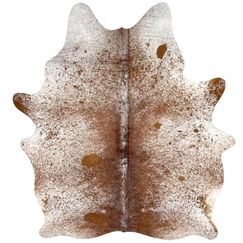 Reddish Brown and White Speckled Brazilian Cowhide: white with reddish brown speckles and spots, and one brand mark on the left side of the butt - 6'5" x 5' (BRSP3508)