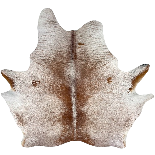 Brown and White Speckled Brazilian Cowhide: white with brown speckles and spots, and one brand mark on the left side of the back - 6'10" x 6'4" (BRSP3511)