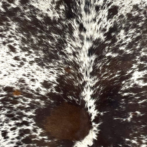 Closeup of this Tricolor Speckled Brazilian Cowhide, showing off-white with black and brown spots and speckles  (BRSP3514)