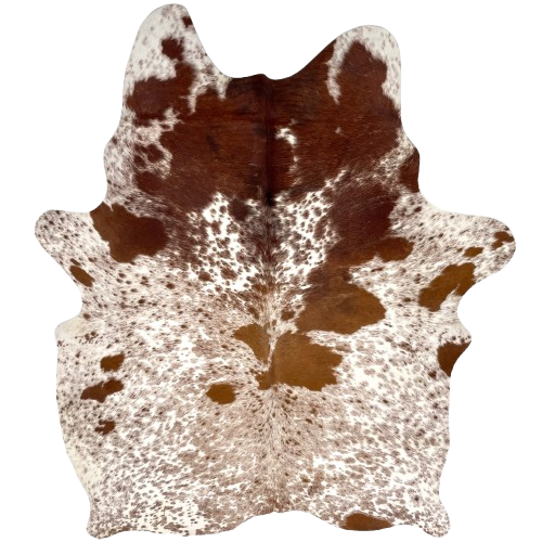 Reddish Brown and White Cloudy Speckled Brazilian Cowhide: white with large and small reddish brown spots, and cloudy, reddish brown speckles and spots - 6'3" x 4'7" (BRSP3515)