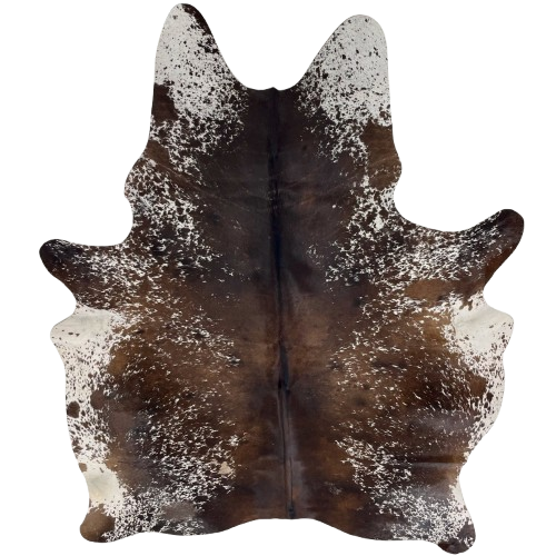 Dark Brown and White Speckled Brazilian Cowhide: dark brown with white speckles and spots, solid dark brown down the middle, and white with dark brown speckles and spots on the belly - 6'11" x 5'4" (BRSP3517)