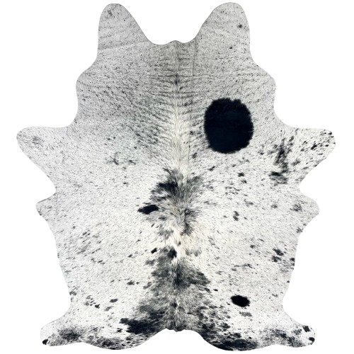 White and Black Speckled Brazilian Cowhide: white with black speckles and spots, and longer hair on the spine - 6'7" x 4'8" (BRSP3518)