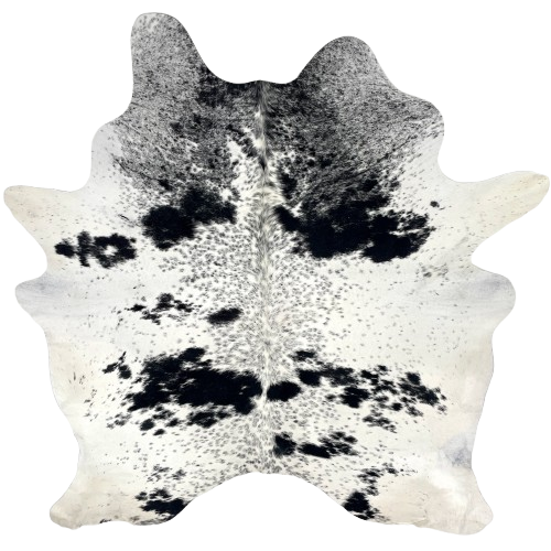 White and Black Cloudy Speckled Brazilian Cowhide: white with cloudy, black speckles and spots - 6'9" x 5'6" (BRSP3523)