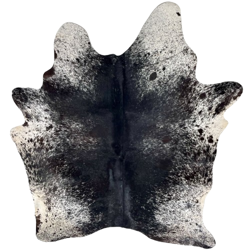 Black and White Speckled Brazilian Cowhide: black with white speckles and spots, with mostly solid black down the middle - 7' x 5'3" (BRSP3525)