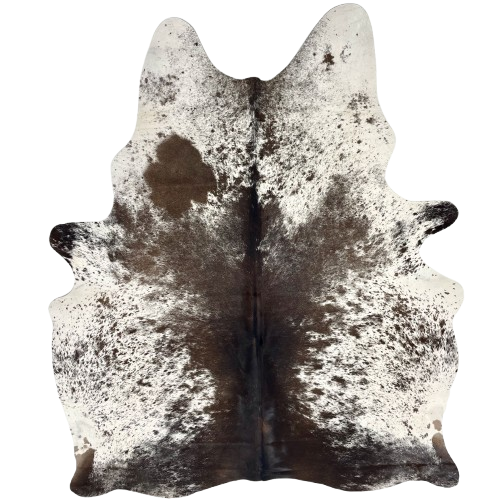 Dark Brown and White Speckled Brazilian Cowhide: white with dark brown spots and speckles, and mostly solid brown down the middle - 6'5" x 5'1" (BRSP3527)