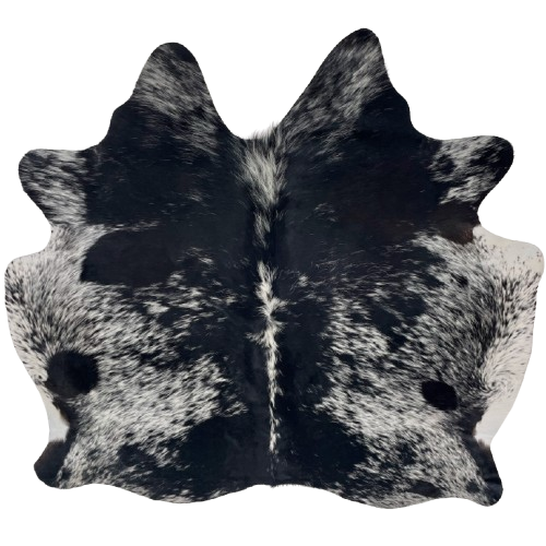 Black and White Speckled Brazilian Cowhide: black with white speckles and spots, and longer hair down the spine - 5'4" x 5'4" (BRSP3531)