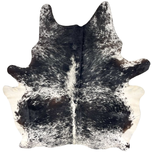 Black and White Speckled Brazilian Cowhide: black with white speckles and spots, and one dark brown spot on the left side of the back - 6'8" x 5'7" (BRSP3534)