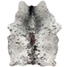 White and Black Speckled Brazilian Cowhide: white with black speckles and spots, brown down part of the spine, and one brand mark on the right side of the butt and two on the left hind shank - 6'3" x 4'6" (BRSP3535)