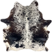 Dark Tricolor Speckled Brazilian Cowhide: white with black speckles and spots, and it has some dark brown mixed in along the belly and on the hind shanks - 6'7" x 5'6" (BRSP3538)