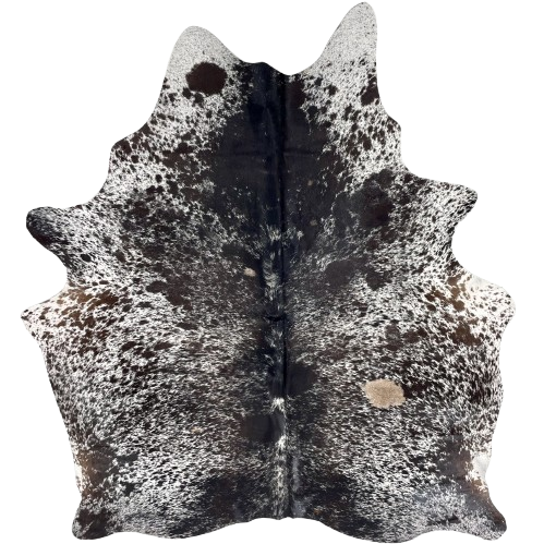 Dark Tricolor Speckled Brazilian Cowhide: white with black and dark brown speckles and spots, and a few small, light brown spots - 6'7" x 5'2"(BRSP3539)