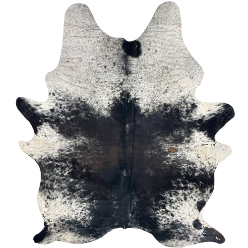 Black and White Speckled Brazilian Cowhide: white with black speckles and spots, mostly solid black on the back, with hints of dark brown across the middle, and one brown spot on the right side of the back - 7'4" x 5'5" (BRSP3543)