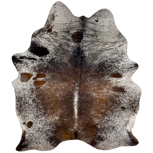 Brown and White Speckled Brazilian Cowhide: white with dark brown and golden brown spots and speckles - 7'5" x 5'6" (BRSP3592)