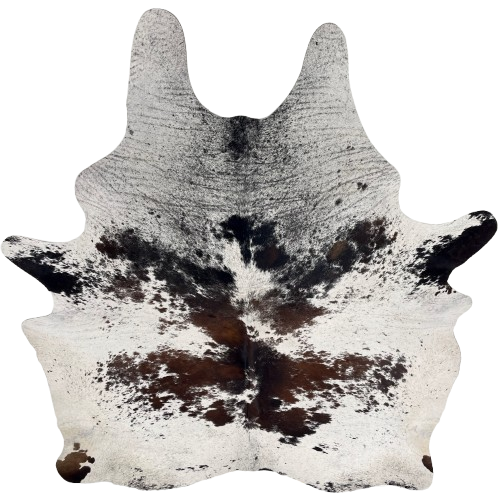 XL Tricolor Speckled Brazilian Cowhide: white with brown and black spots and speckles - 8'5" x 6'4" (BRSP3593)