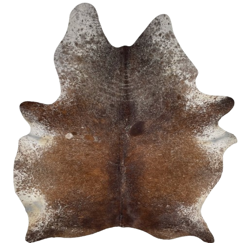 Large Brown and White Speckled Brazilian Cowhide: has a mix of brown and golden brown with white speckles and spots - 7'7" x 6' (BRSP3594)